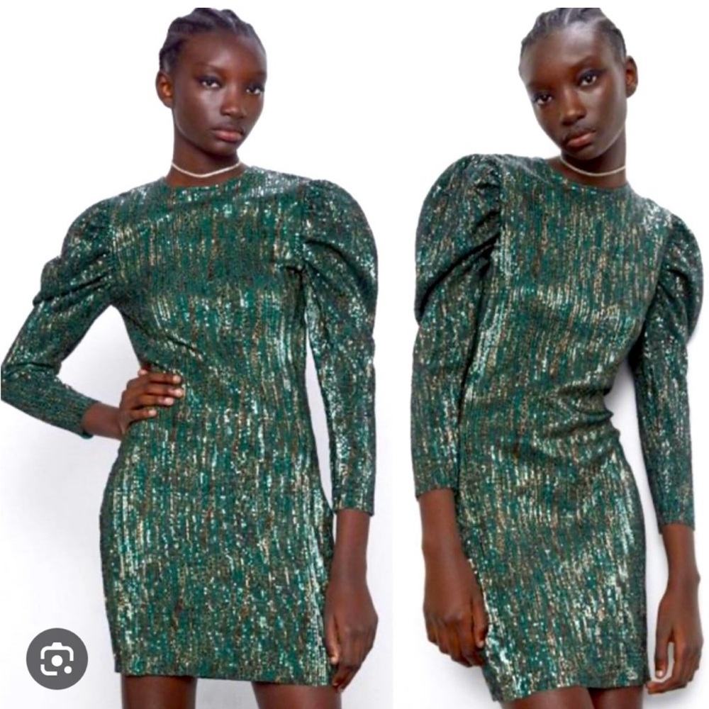 ZARA Sequin Puff Long Sleeve Special Limited Edition Emerald Green &‎ Gold Dress